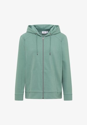 Haut à capuche zippé vert clair en tissu doux, doté d'une capuche, de poches devant et de poignets côtelés. Design simple sans motifs ni accents.