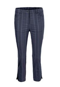 Marineblauwe broek met verticale strepen, gemaakt van een katoenmix, met een elastische tailleband en kleine zijscheuren aan de zoom.