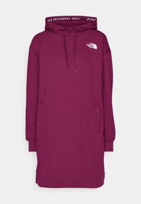 Robe à capuche manches longues violet foncé avec poches avant, capuche à cordon de serrage et logo blanc The North Face sur la poitrine et la doublure de la capuche.