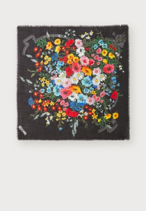 Dark fabric square scarf with a vibrant multicolored floral print and subtle striped ribbon details, branded with "Moschino" text.