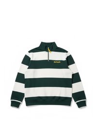 Jersey de rayas horizontales verdes y blancas con media cremallera y tirador amarillo, que presenta el texto amarillo "ELPULP" en el pecho.