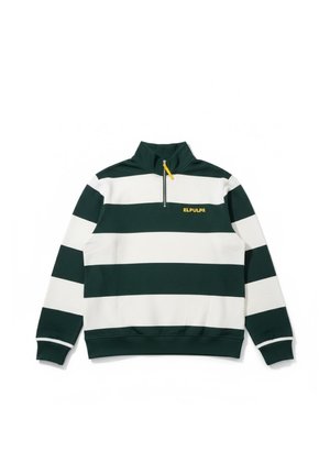 Jersey de rayas horizontales verdes y blancas con media cremallera y tirador amarillo, que presenta el texto amarillo "ELPULP" en el pecho.