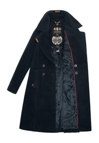 Marineblauwe pea coat met een gestructureerde kraag, dubbelzijdige knopen en rode satijnen voering. Gemaakt van een textiele stof met een interieur merklabel.