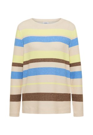 Raidallinen pitkähihaispaita beigenä, jossa on sinisiä, keltaisia ja ruskeita vaakaraitoja, valmistettu pehmeästä kankaasta ja jossa on pyöreä kaula-aukko.