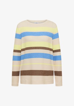 Raidallinen pitkähihaispaita beigenä, jossa on sinisiä, keltaisia ja ruskeita vaakaraitoja, valmistettu pehmeästä kankaasta ja jossa on pyöreä kaula-aukko.