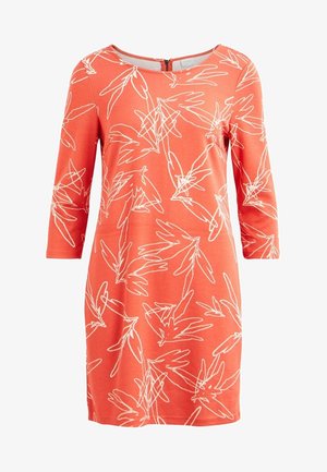 Korallorange knielanges Kleid mit Dreiviertelärmeln und weißem abstraktem Blattlinienmuster, rundem Ausschnitt, vorderem Reißverschluss.