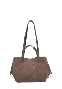 Brązowa torba tote z zamszu, z dwoma teksturowanymi uchwytami, o zdefiniowanym kształcie i ukośnych bokach. Minimalistyczny design bez widocznych elementów metalowych.