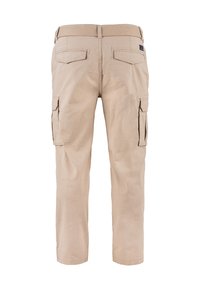 Beige cargo-housut, joissa on joustava vyötärö, kaksi sivutaskua ja kaksi takataskua. Valmistettu kevyestä kankaasta, jonka pinta on sileä.