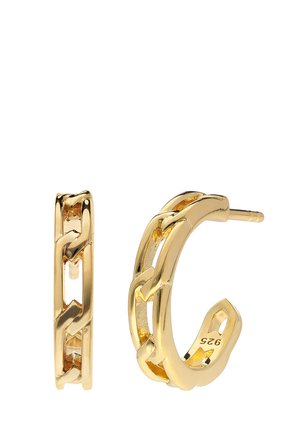 Gold-toned chain-link hoop earrings with a polished finish, one shown front-facing and the other side view with "925" stamp visible.