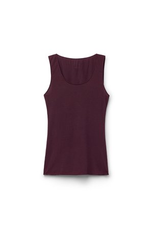 Mouwloze scoopneck tanktop in donker bordeaux, plat neergelegd op een witte achtergrond.