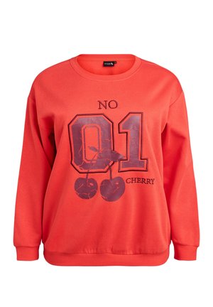 Felpa rossa con scollo tondo, maniche lunghe e una stampa grafica con la scritta "NO 01 CHERRY" e due ciliegie con accenti scuri.