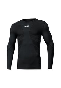 Schwarzes, langärmliges Sportshirt aus dehnbarem Material, mit enganliegendem Schnitt, strukturierten Einsätzen und 'JAKO'-Logo auf der Brust.