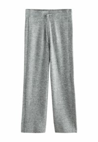 Grå, brede sweatpants lavet af blødt stof med en ribbet talje og snor, der har en struktureret overflade og ingen yderligere mønstre.