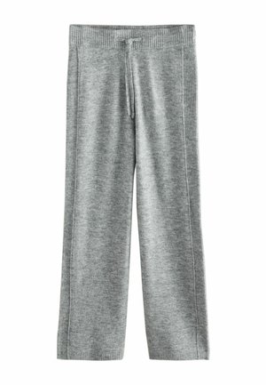 Grå, brede sweatpants lavet af blødt stof med en ribbet talje og snor, der har en struktureret overflade og ingen yderligere mønstre.