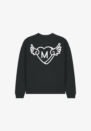 Zwarte sweatshirt met een ronde halslijn, voorzien van een witte grafiek van een hart met vleugels en de letter "M" erin. Standaard pasvorm.