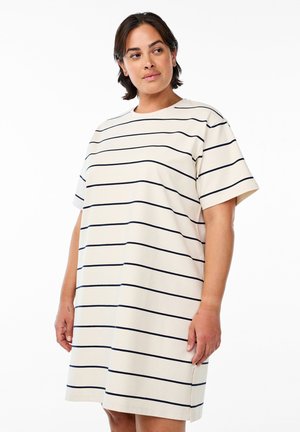 Cream short-sleeve dress with navy horizontal stripes. Relaxed fit, round neckline, knee-length, and a soft cotton blend fabric.