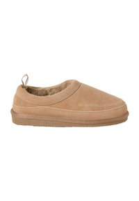 Tan suede slip-on slippers featuring a soft, fuzzy interior, rounded toe, low profile, and textured rubber sole with a looped back tab.