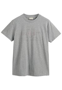 T-shirt en coton gris à manches courtes, avec un col arrondi, présentant un design de logo en relief incluant "GANT" et "American Sportswear."
