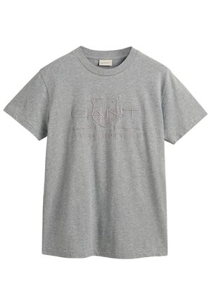 Grå bomulds T-shirt med korte ærmer, rund halsudskæring, med et hævet logo design, der inkluderer "GANT" og "American Sportswear."