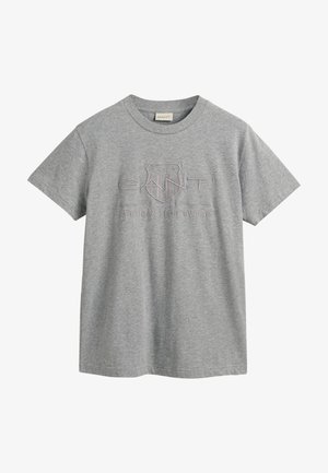 Gråbomulls T-skjorte med korte ermer, rund hals, med et hevet logodesign som inkluderer "GANT" og "American Sportswear."