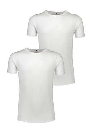 Confezione doppia di magliette bianche con maniche corte, colletto rotondo e una consistenza liscia simile al cotone. Design semplice senza motivi visibili.