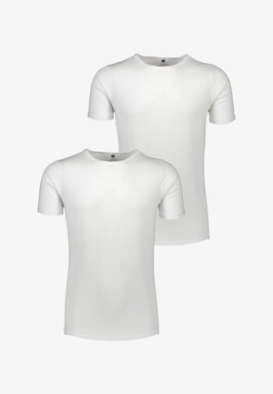 Confezione doppia di magliette bianche con maniche corte, colletto rotondo e una consistenza liscia simile al cotone. Design semplice senza motivi visibili.