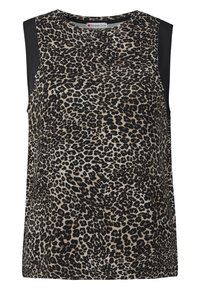 Černý a béžový top bez rukávů s designem leopardího vzoru, s hladkou texturou a černými akcenty na ramenou.