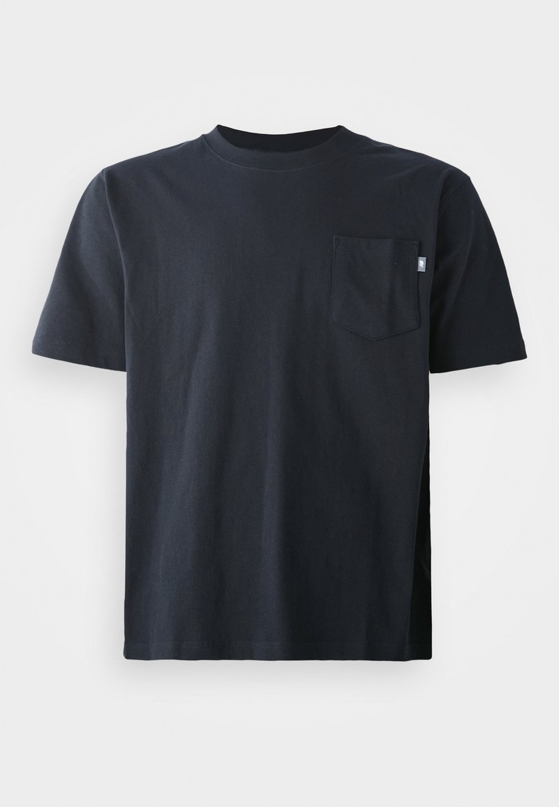 Dunkelblaues Baumwoll-T-Shirt mit rundem Ausschnitt und kurzen Ärmeln. Enthält eine einzelne Brusttasche und ein gerades Saumdesign.
