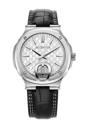 Silver stainless steel watch with a textured white dial, black crocodile leather strap, and a date display at 6 o'clock. Brand logo visible.
