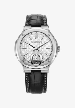 Silver stainless steel watch with a textured white dial, black crocodile leather strap, and a date display at 6 o'clock. Brand logo visible.