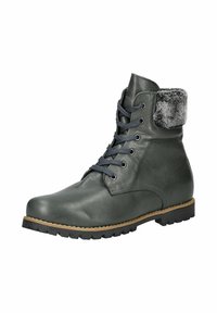 Botte de cheville en cuir vert foncé avec col en fausse fourrure grise, bout rond, design à six œillets avec lacets, et semelle en caoutchouc robuste.