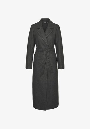 Lange grijze wollen jas met een tailleband, met notched revers en lange mouwen. Heeft een rechte silhoutte en een gestructureerde afwerking.