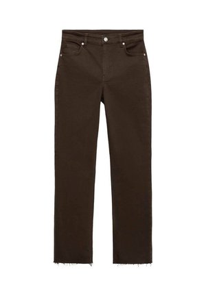 Jeans drepti de culoare maro închis, cu un design cu cinci buzunare, închidere cu buton și fermoar, și margini brute.