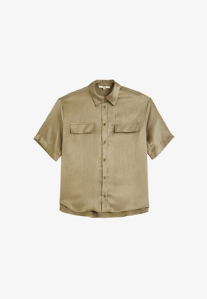 Camicia a maniche corte con bottoni in khaki chiaro, dal tessuto liscio e rigato, dotata di due tasche sul petto e colletto classico.
