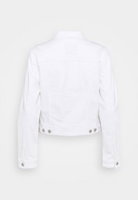 Witte spijkerjas van denim met lange mouwen, knoopsluitingen bij de manchetten en hardware in zilverkleur. Heeft een cropped ontwerp en details van de achterste yoke-naad.