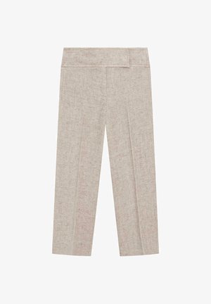 Béžové lněné kalhoty s rovnými nohavicemi, širokým pasem a předním záhybem, zobrazené na bílem pozadí.