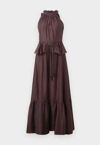 Schokoladenbraunes Maxikleid mit Halterneck, gerafftem Ausschnitt, Peplum-Taille und Rüschensaum. Hergestellt aus leichtem Stoff mit glatter Textur.
