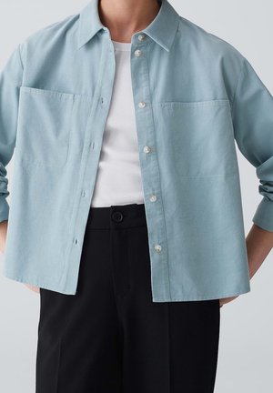 Persoon draagt een lichtblauw overhemd over een wit geribd shirt met zwarte, hooggetailleerde broek, handen op de heupen geplaatst.