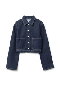 Veste en jean foncé cropped avec un devant à boutons, un col pointu, des manches longues et deux poches avant. Détails de surpiqûres contrastées sur l'ensemble.