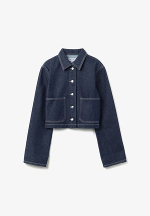 Dark denim cropped jacket with a button-up front, point collar, long sleeves, and two front pockets. Contrast stitching details throughout.