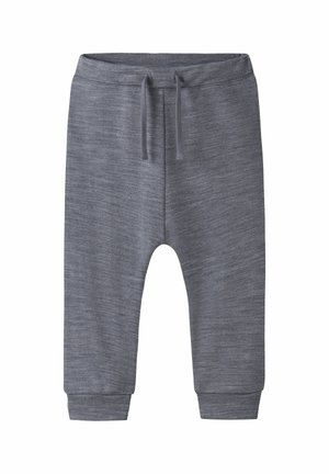 Pantalon de jogging gris foncé en tissu texturé, avec une taille élastique munie d'un cordon de serrage et des poignets ajustés aux chevilles.