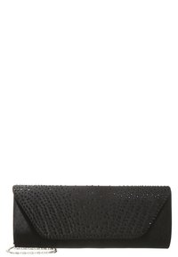 Black clutch bag with a textured, soft fabric surface. Features a rhinestone-studded flap and a silver chain strap for carrying.