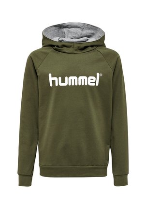 Felpa con cappuccio verde oliva e interno grigio, con un grande logo bianco "hummel" sul davanti, realizzata in tessuto morbido e liscio.