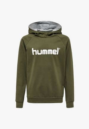 Felpa con cappuccio verde oliva e interno grigio, con un grande logo bianco "hummel" sul davanti, realizzata in tessuto morbido e liscio.
