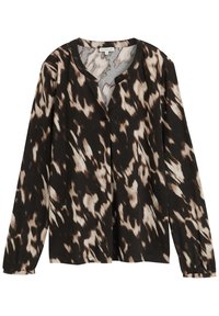 Haut à manches longues en noir et crème à motif abstrait. Présente un décolleté arrondi et un tissu léger et doux à la texture lisse.