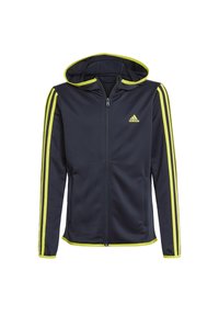 Felpa con zip e cappuccio foderato blu navy, con dettagli fluorescente giallo e tre strisce verticali su ogni manica.