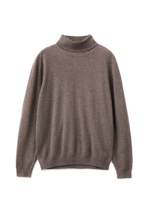 Maglione a collo alto in lana marrone con colletto a costine, vestibilità comoda e maniche lunghe; presenta una texture liscia e un design leggero.