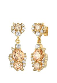 Boucles d'oreilles pendantes dorées ornées de rhinestones ronds pêche et clair, avec des montures ornées et un design inspiré de la flore.
