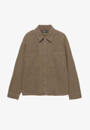 Giacca marrone con zip, maniche lunghe, due tasche a toppa sul petto e colletto, realizzata in un tessuto resistente.