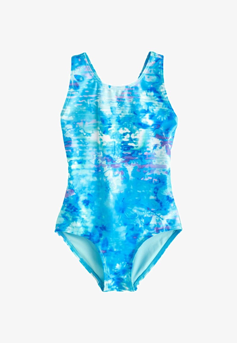 Maillot de bain une pièce dans des teintes de bleu et de violet, présentant un design texturé avec un motif aquatique et de larges bretelles.